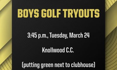 A gold-and-black graphic design with a logo that is a shield with a knights' helmet in the center with information about Boys Golf Tryouts.