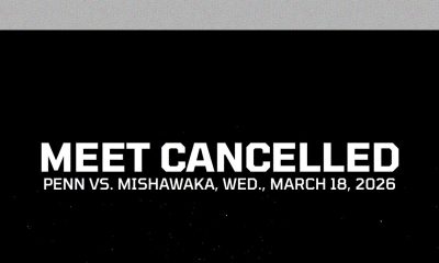 A graphic design with gold text on a black background. Text: Penn Boys Track & Field Meet cancelled, Wednesday, March 18, 2026.