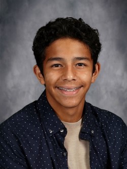 This is a portrait of a young man posing for a school picture. He has short hair and is wearing a blue shirt.