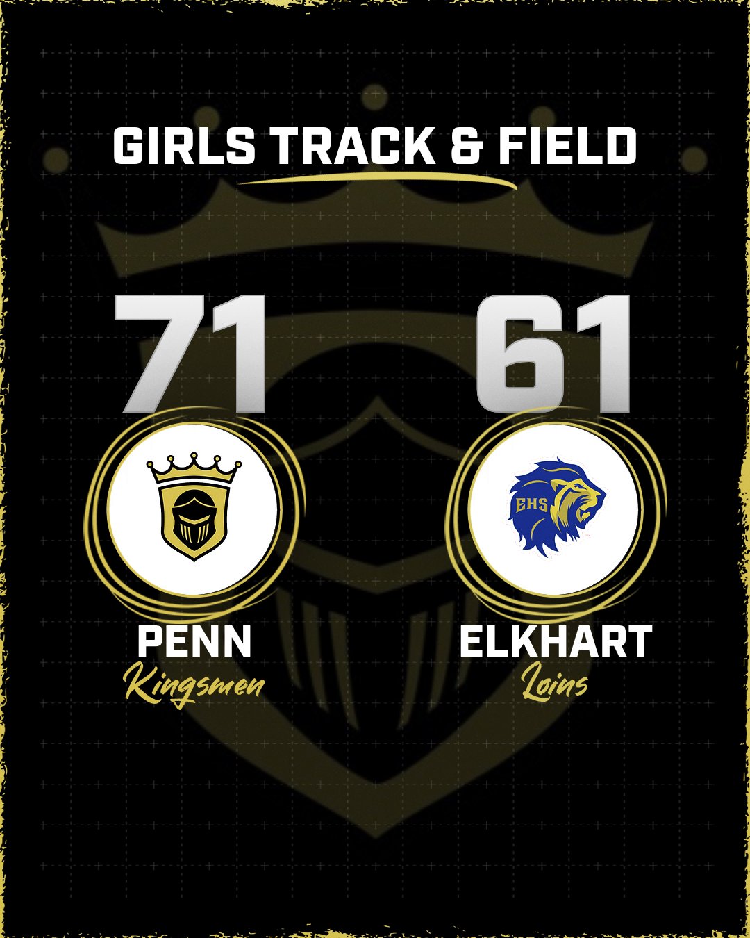 Track scoreboard with the score Penn 71, Elkhart 61