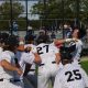 Baseball players celebrating on field.