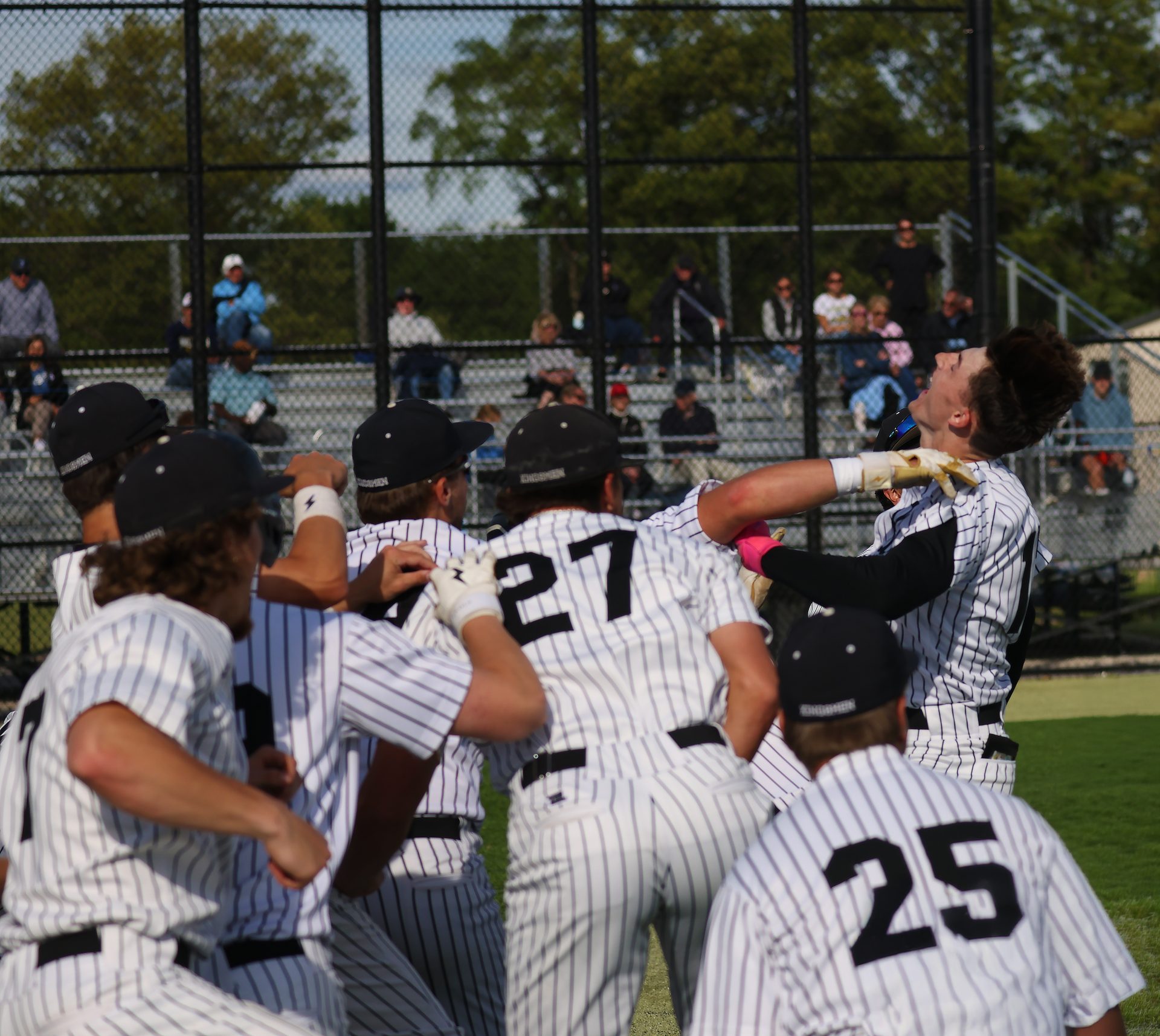 Baseball players celebrating on field.