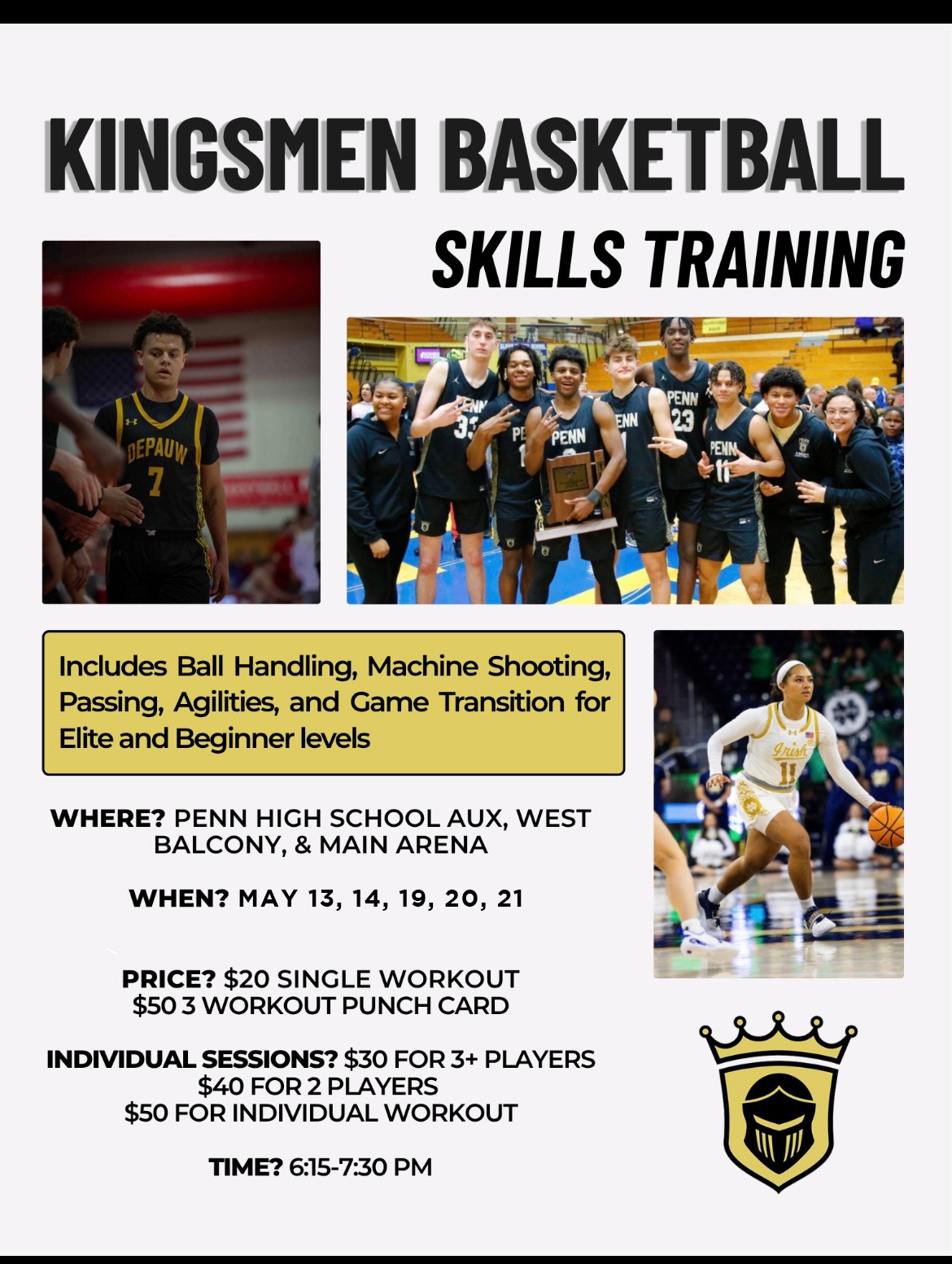 Kingsmen basketball skills training poster: Includes ball handling, shooting, passing, agility and conditioning drills for