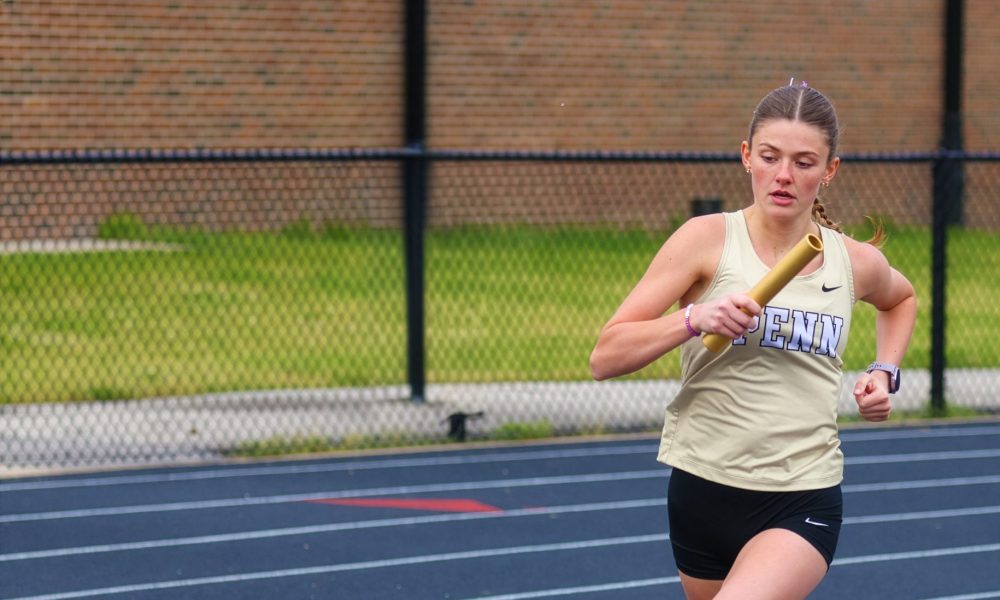 Two side by side photos of a female athlete in mid-run on a track.