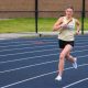 Two side by side photos of a female athlete in mid-run on a track.