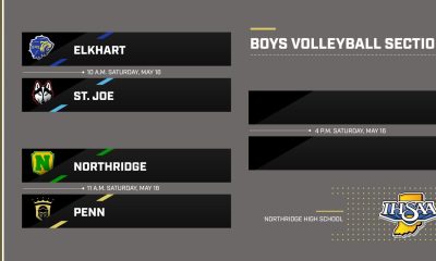 Boys' volleyball sectional bracket with teams and scores.
