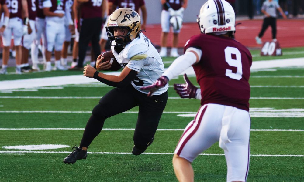 A football player runs the ball.