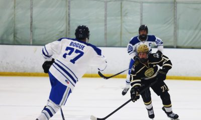 Two photos of a hockey game in progress, showing a player in action with a puck and a teammate, with