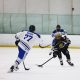 Two photos of a hockey game in progress, showing a player in action with a puck and a teammate, with