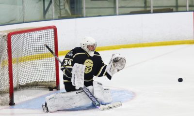 Hockey goalie in net, ready for action.