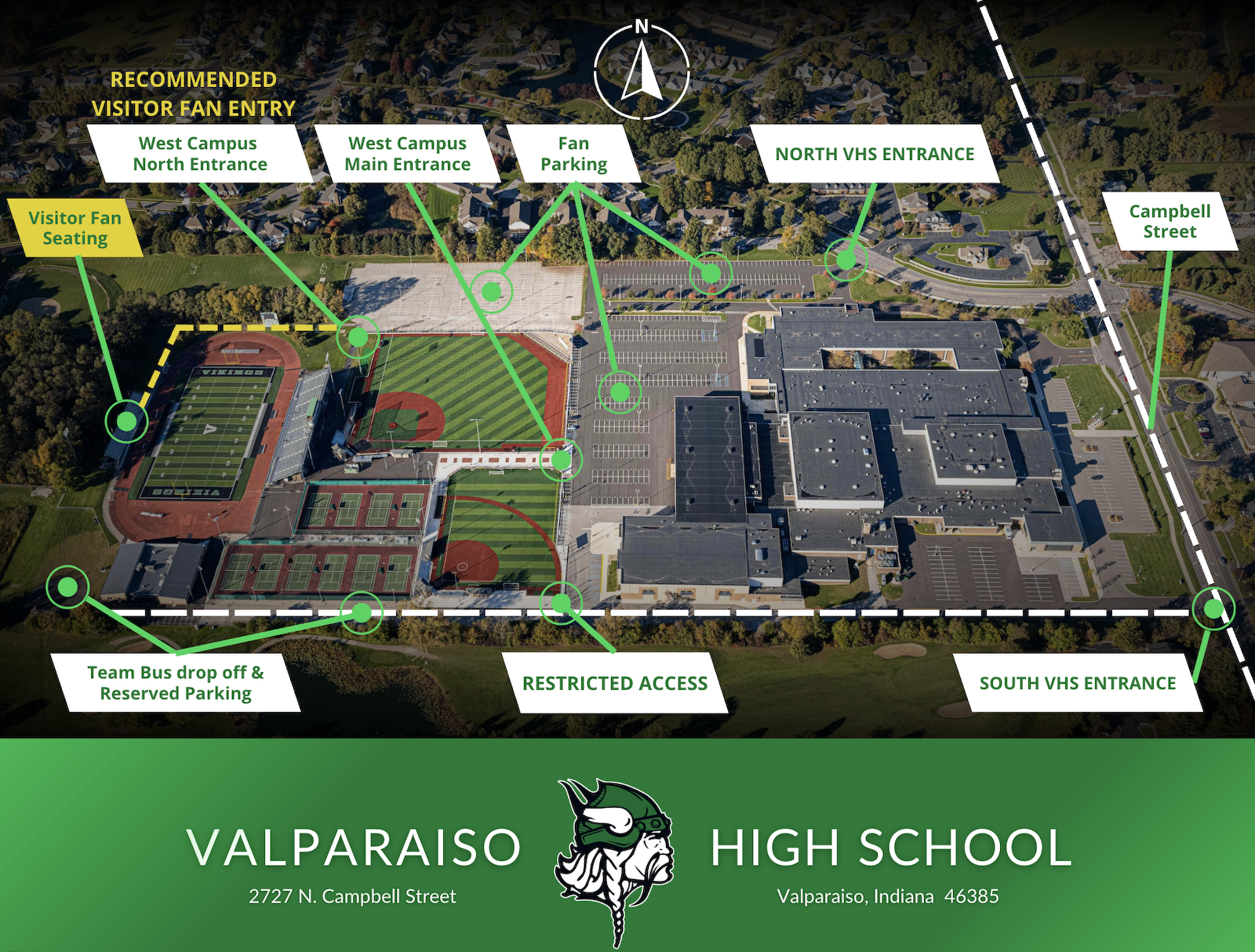 A screenshot of a map showing a high school campus with various facilities and information about the school.